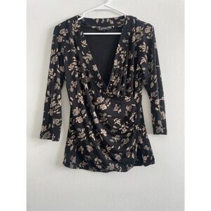 Lauren Ralph Lauren Top Women M Black Beige Floral Surplice Stretch Office